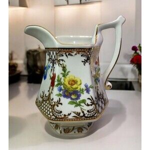 Vintage Royal Danube Porcelain China Pitcher Floral With Gold Trim MCM 6 7/8” T